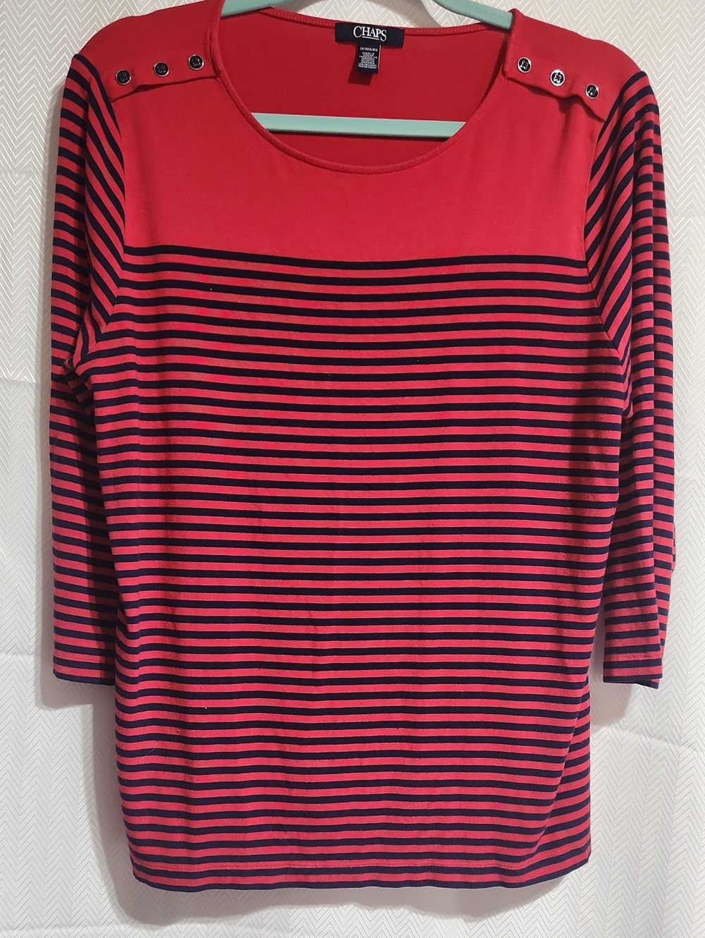 Chaps Red and Black Striped Long-Sleeve Boatneck Top with Shoulder Buttons